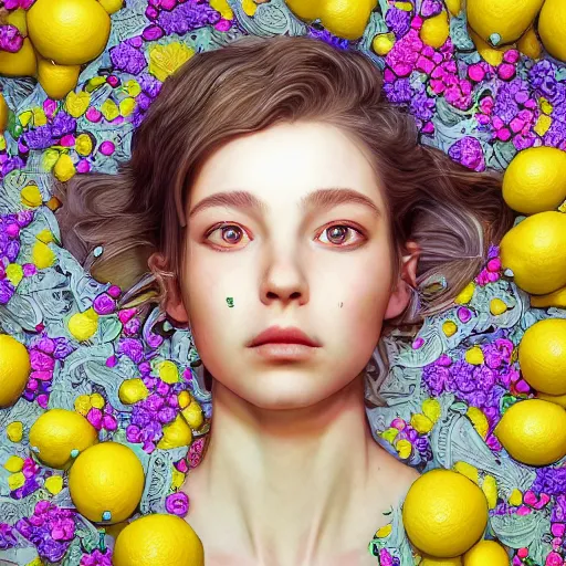 Image similar to the portrait of an absurdly beautiful, graceful, elegant, sophisticated, young teen girl made up of lemons looking up, an ultrafine hyperdetailed illustration by kim jung gi, irakli nadar, intricate linework, bright colors, octopath traveler, final fantasy, unreal engine 5 highly rendered, global illumination, radiant light, detailed and intricate environment