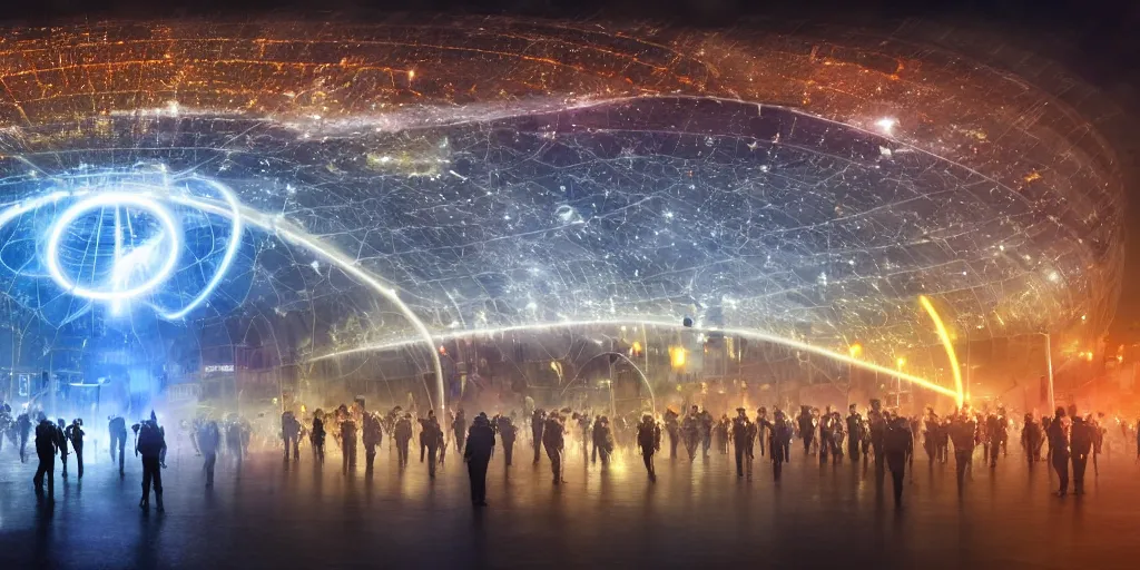 Image similar to policemen protecting a huge spiral - shaped bright luminous attractor right in the center of the city from protesting people,, rain and light fog, professional lighting, concept art in 3 d, high detail, professional lighting