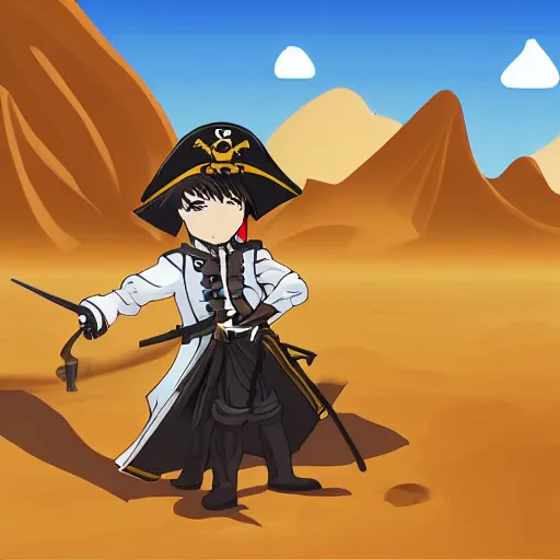Prompt: !dream Painting of an anime pirate captain in the middle of a desert, digital art (5px vector outline contour, anime shading)