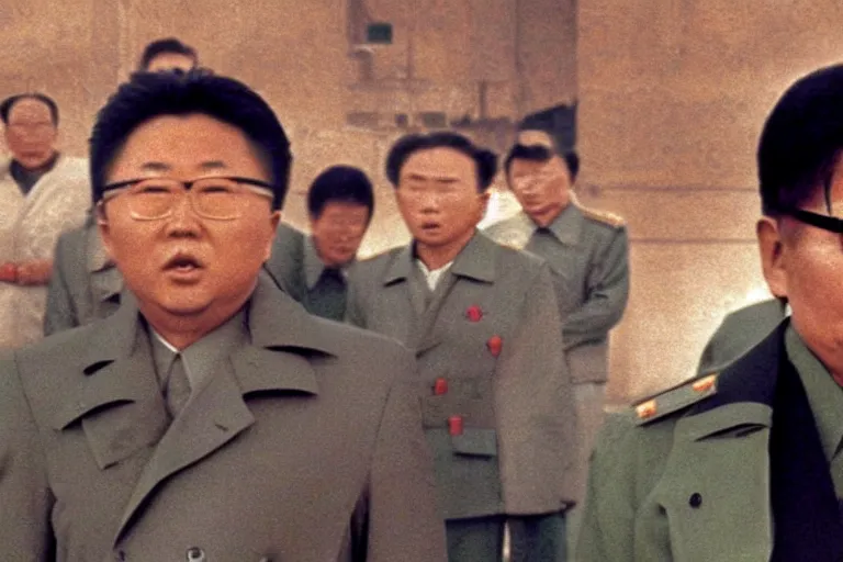 Image similar to a filmstill of Kim Jong-il looking at Starro Kaiju monster destroying Pyongyang, in Stalker (1979) by Andreï Tarkovski, traditional Korean city, palace, epic ultrawide shot, cinémascope