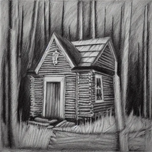 Prompt: a painting of a eerie cabin in the middle of the woods in the style of a charcoal sketch