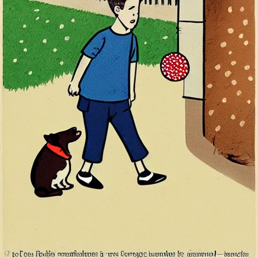 Image similar to book illustration of a french boy on the streets of paris playing football against a corgi, the dog is wearing a polka dot scarf, 1 9 6 6