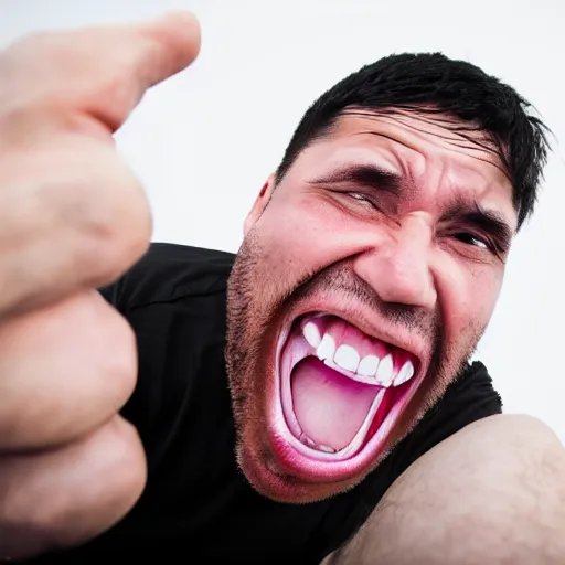 Image similar to angry man with foaming mouth, sweating profusely, gritted teeth, fisheye photography