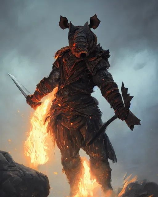 Prompt: oil painting of Anthropomorphized Rhino Warrior, wearing fur cloak, sharp focus, holding gigantic burning Axe, warrior clothes, heroic pose, dramatic artwork, fantasy style, octane render, volumetric lighting, 8k high definition, by greg rutkowski, highly detailed, trending on art Station, magic the gathering artwork, burning fire Battlefield background, centered