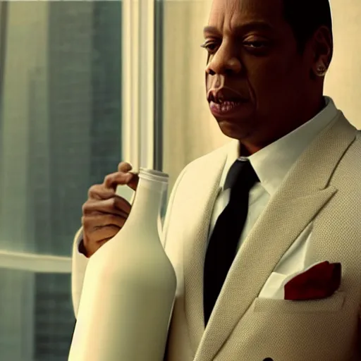 Prompt: cinematic shot of jay - z wearing a suit and standing in a fancy penthouse holding a jug of milk, 8 k, very detailed, very intricate,