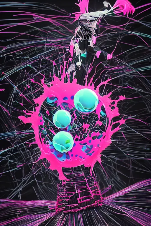 Prompt: epic 3 d abstract emo vibe, spinning hands and feet, 1 6 mm, with black and neon pink peanut butter melting smoothly into asymmetrical spiky bubbles, liquid, delicate, beautiful, intricate, houdini sidefx, trending on artstation, by greg rutkowski and ilya kuvshinov, jamie hewlett and ayami kojima