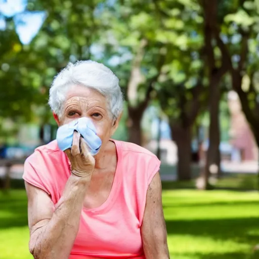 Image similar to an older woman sitting in a park wearing a small oxygen cannula under her nose, 4 k,