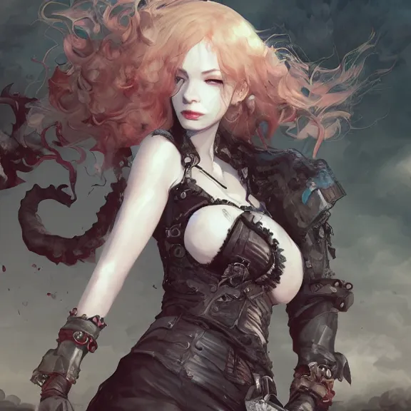 Image similar to christina hendricks!!! goth, tankoban, 4 k, tone mapping, akihiko yoshida, james jean andrei riabovitchev marc simonetti, yoshitaka amano, long hair, curly, h. hydrochaeri