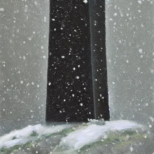 Prompt: oil painting of a long, distant, twisting obelisk made of obsidian in a snowstorm