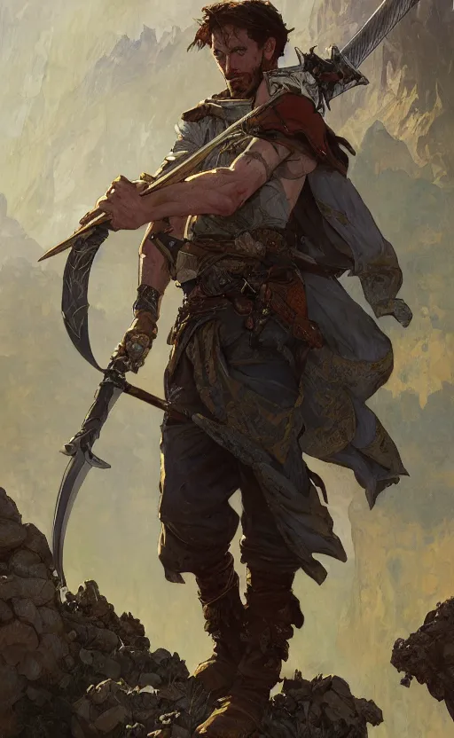 Image similar to '' Portrait of a rugged lupine adventurer holding a big sword, d&d, fantasy, high-body detail, digital painting, artstation, concept art, sharp focus, illustration, art by greg rutkowski and alphonse mucha ''