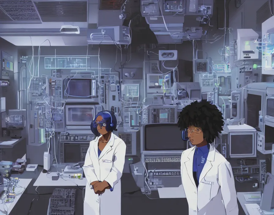 Prompt: dark skin woman wearing a white lab coat with a blue haircut, connected to wires, surrounded by 1 9 8 0 s computers, in the style of serial experiments lain and evangelion 1 9 9 5, dynamic lighting, dark ambience, cell - shaded, detailed face, retro tech