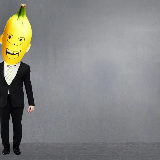 Image similar to a person with a banana head wearing a business suit