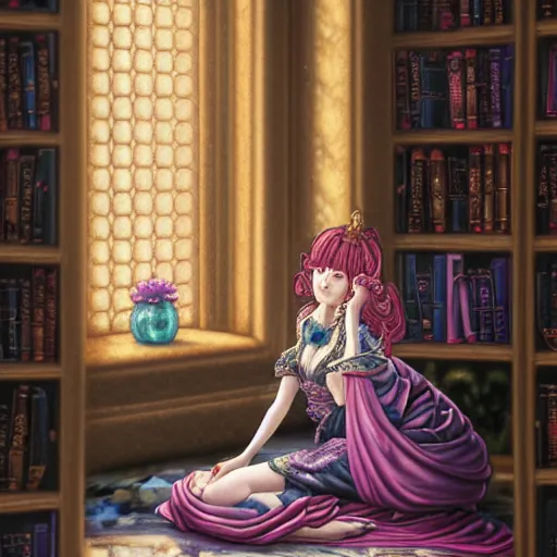 Prompt: a detailed fantasy pastel portrait of a woman wizard in ornate clothing lounging on a purpur pillow on the marble floor in front of her bookcase in a room, reading an ancient tome. to the side is a potted plant, moody light. ancient retrofuturistic setting. 4 k key art. raytracing, perspective, by chie yoshii and yoshitaka amano.