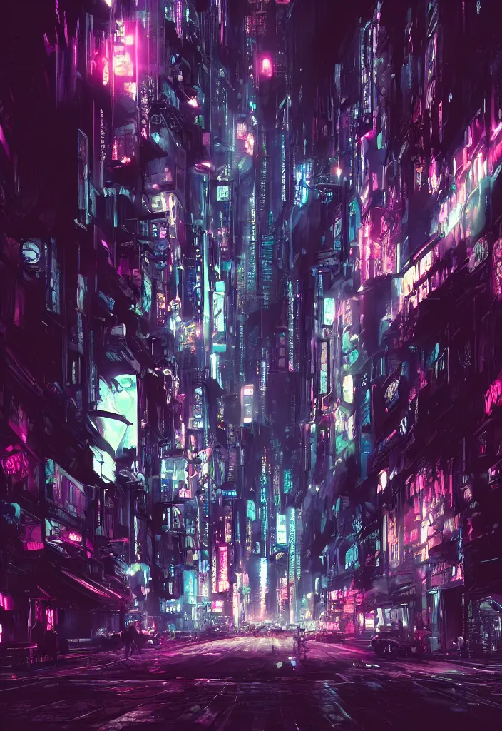 Image similar to concept art of a magnificent dark neon futuristic cyberpunk city bustling street at night cyberart in the style of liam wong, dramatic and moody, masterpiece, matte finish, 8 k, high resolution, film grain