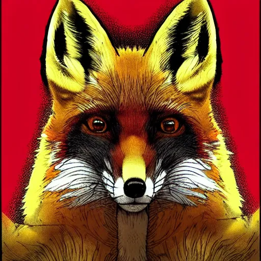 Image similar to portrait of retarded fox, eyes in different directions, rabies, propaganda style, vivid colors, very detailed