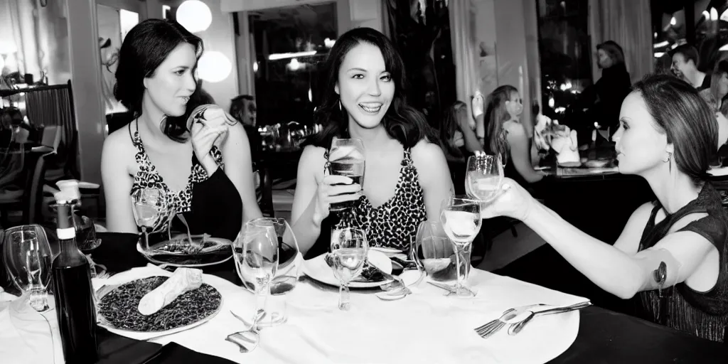 Image similar to b & w photo of two beautiful woman having dinner,