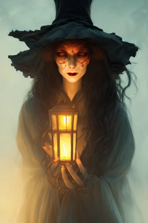 Image similar to portrait of a ghoulish victorian witch dark cheekbones holding a lantern, halloween night, charlie bowater, artgerm, ilya kuvshinov, krenz cushart, ruan jia, realism, ultra detailed, 8 k resolution