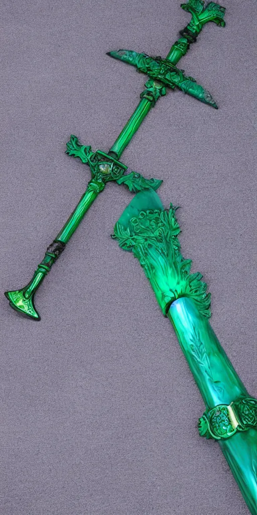 Image similar to photograph of a large green and teal crystal sword with a gold sword hilt