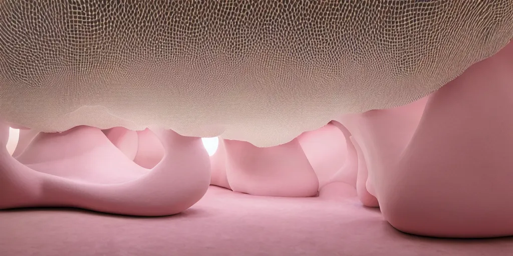 Image similar to soft biomorphic tactile structures by ernesto neto, light - mint with light - pink color, 4 k, insanely quality, highly detailed,