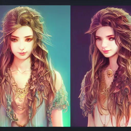 Image similar to portait 2 5 years arabic centred, very long hair, hd, hyperdetailed illustration by irakli nadar, intricate linework, bright colors, octopath traveler, final fantasy, unreal engine 5 highly rendered, global illumination, radiant light