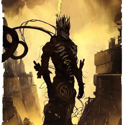 Prompt: All powerful Omnipotent, stunning beauty, young male, norse sun god, painted face, battle damaged, muscled torso, wearing golden robe of thin tentacles, wires, dystopian, dark ambience, in the style of Ashley Wood,