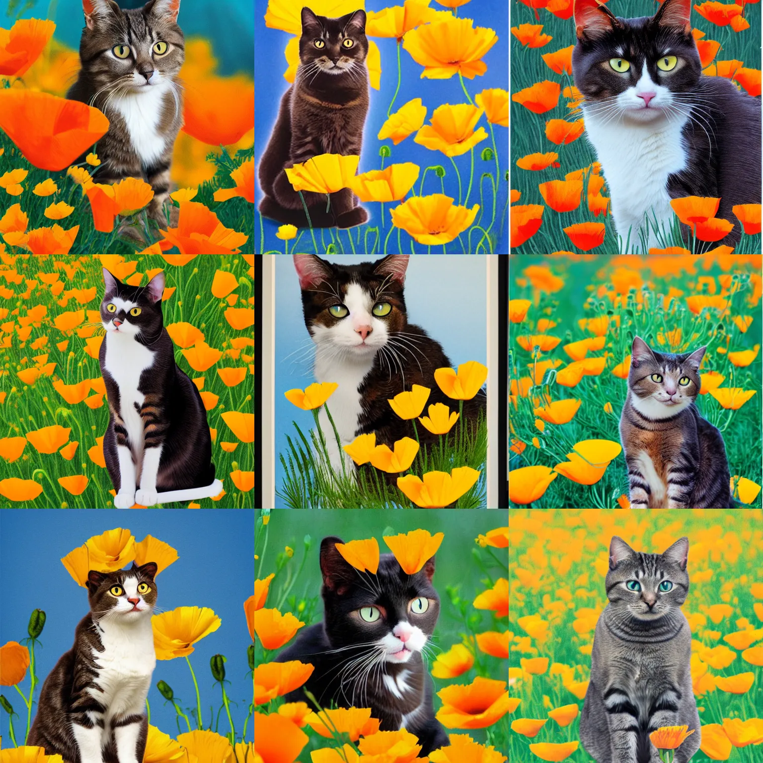 Prompt: poster image of a cat sitting in california poppies