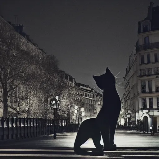 Prompt: giant cat in paris, photography, hyper - detailled, night photography