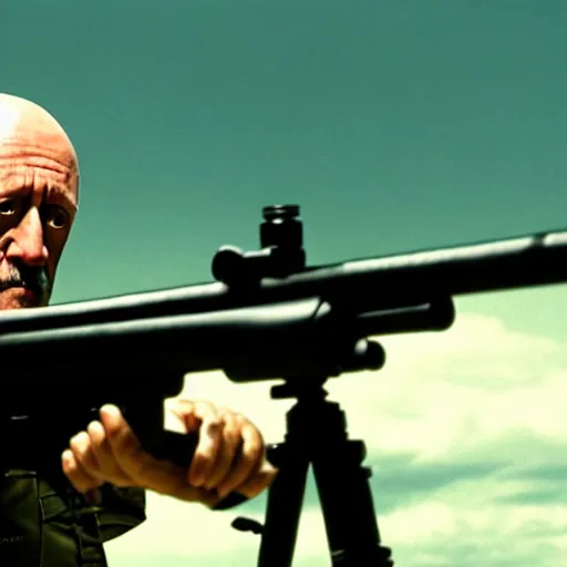 Prompt: Film still of Mike Ehrmantraut aiming a !!!sniper rifle!!!, 4k, !!highly detailed!!