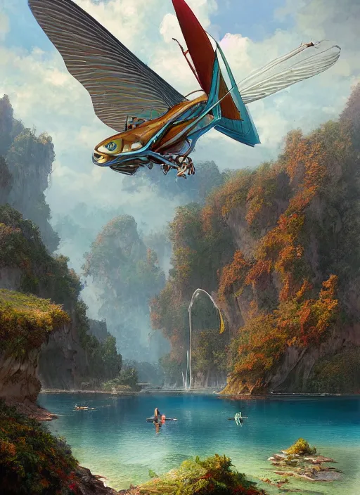 Image similar to A beautiful digital painting of an ornithopter landing platform, crystal lake, lovely valley by Stanley Artgerm Lau, Rossdraws, James Jean, gerald brom, Andrei Riabovitchev, Marc Simonetti, and Sakimichan, trending on artstation