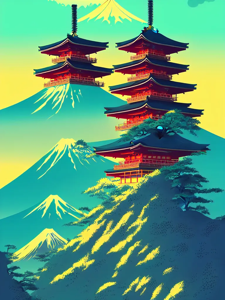 Prompt: a travel poster illustration depicting a japanese pagoda with mount fuji, vintage style, detailed illustration, digital painting, vector art, trending on artstration, by anton fadeev, by alena aenami