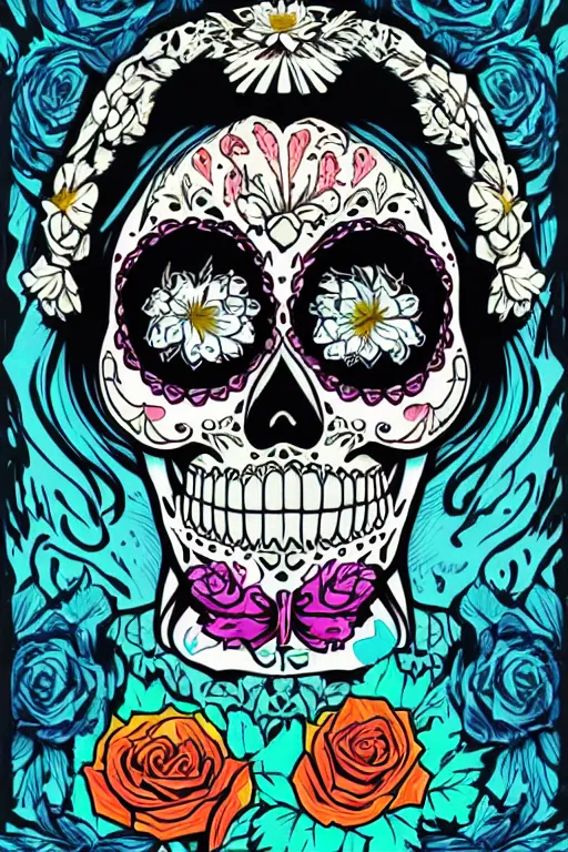 Image similar to illustration of a sugar skull day of the dead girl, art by dan mumford