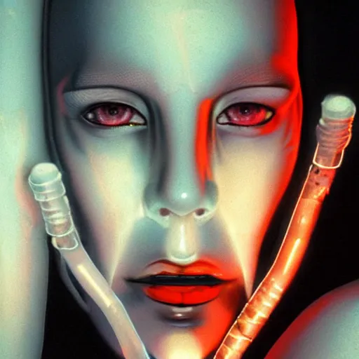 Prompt: sickly pale white cyborg with smoke pouring from the corners of her mouth, black bronze tubes connecting right side of head to neck with inflamed red entry points, pale blue glowing cybernetic eye, underground art deco cavern, 1980s cyberpunk centerfold by Rembrandt, Barlowe, and Yoshitaka Amano