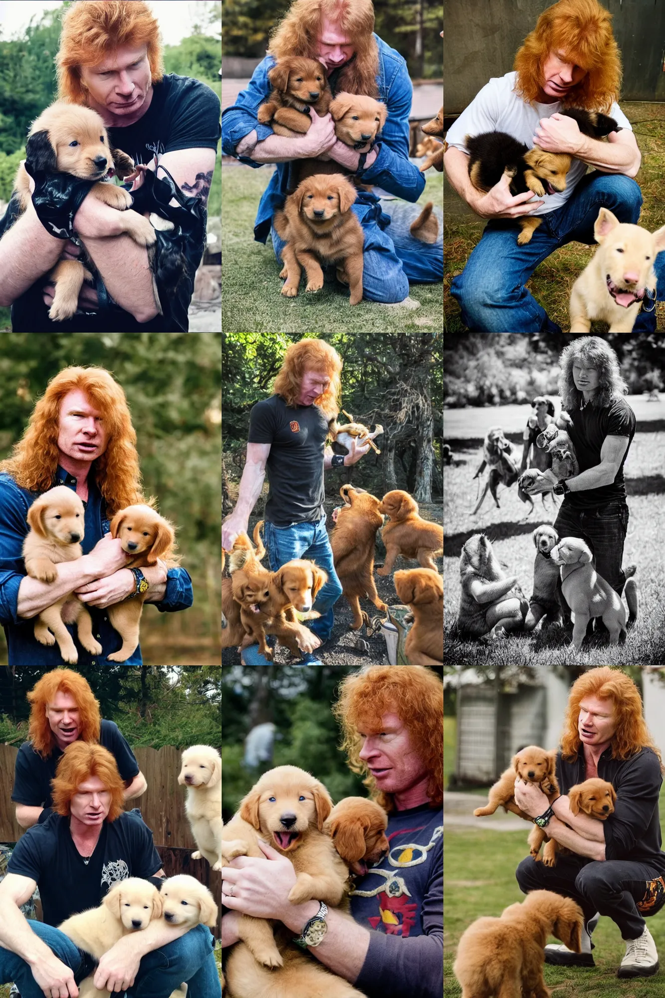 Prompt: dave mustaine playing with puppies, cute, candid photography, good lighting