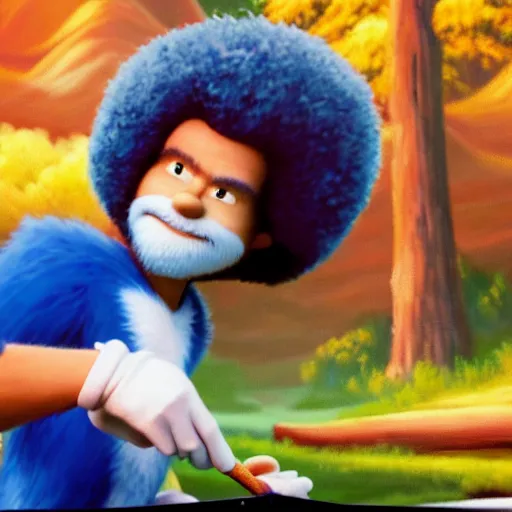 Image similar to a closeup photorealistic photograph of bob ross working on a canvas painting sonic the hedgehog. film still. brightly lit scene. mountains and trees. this 4 k hd image is trending on artstation, featured on behance, well - rendered, extra crisp, features intricate detail, epic composition and the style of unreal engine.