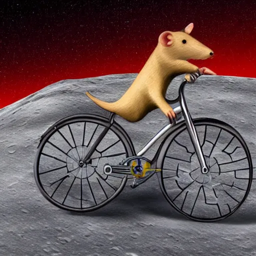 Image similar to a stainless steel bike, made of swiss cheese wheels, a cartoonish rat riding the bike on the surface of the moon and, photorealistic