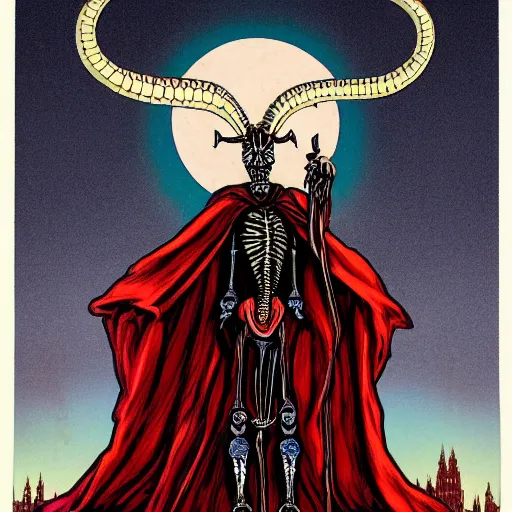 Image similar to A beautiful computer art of a horned, red-eyed, skeleton-like creature, with a long black cape, and a staff with a snake wrapped around it, standing in front of a castle atop a cliff. deep indigo, burnt sienna by Todd McFarlane ordered