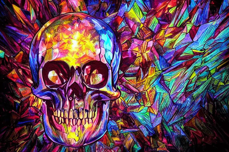 Prompt: an epic fantastic realism comic book style painting of a skull shaped glassine fractal dichroic shard geometry low poly skull, dynamic lighting