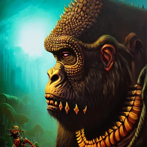 Prompt: side profile of barong family member, wiwek, mara demon, one single tribe member, jungle, one single mask, dark, ancient warrior, gorilla, lizard, tribal, inner glow, paint by peter mohrbacher and dan mumford and justin gerard