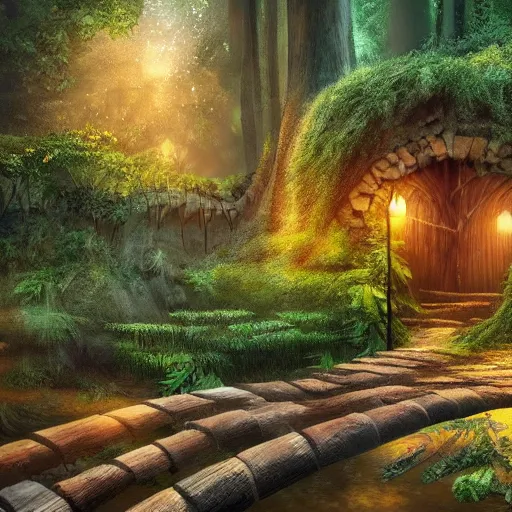 Prompt: professional digital art of a hidden library in a forest with wooden bridges, cozy, fairy lights, nature, plants, vines, bridges, ladders, trickling water, stones, fantasy, high quality, hd, 4 k, 8 k