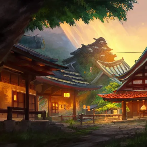 Image similar to concept art painting of a tavern with european and japanese architecture, in a small medieval village surrounded by trees, in a mountain valley, evening, sunset lightning, realistic, highly detailed, cel shaded, in the style of makoto shinkai and greg rutkowski and james gurney