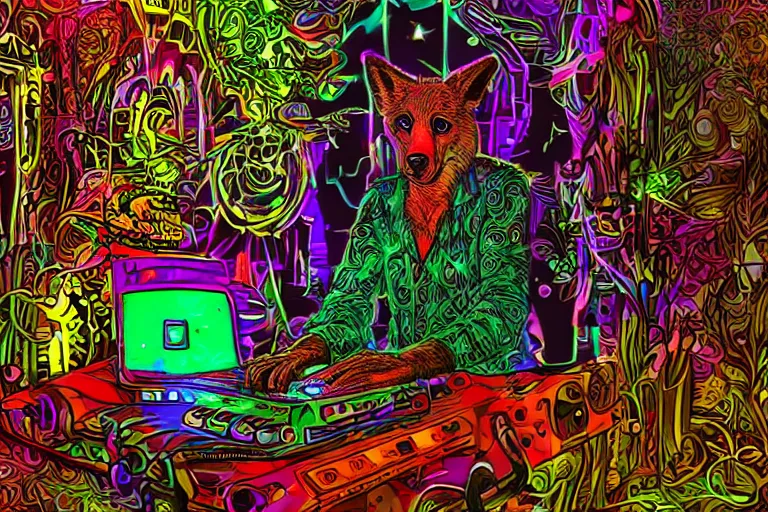 Prompt: a dingo who is a psychedelic music DJ. He is using a 🎹 and a 🎺 and a 🎸, and a computer and apc. There are candles all around. He is tripping on LSD. Highly detailed, Cinematic. Cartoon style. 4k, Realistic, detailed.