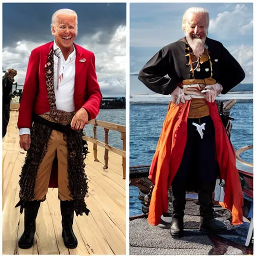 Prompt: Joe Biden dressed up as a scurvy and mean spirited pirate with raggy pirate captain clothes.