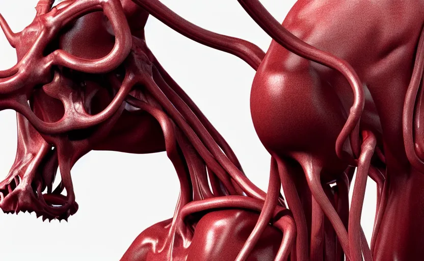 Prompt: anatomical deep red arteries veins flesh stylized shiny polished silver statue full body bizarre extra limbs cosmic horror quadruped animal cow bovine skull four legs made of creature tendrils perfect symmetrical body perfect symmetrical face hyper realistic hyper detailed by johannen voss by michelangelo octane render blender 8 k displayed in pure white studio room