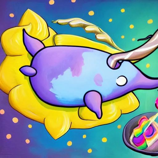 Prompt: a painting of a narwhal with a sandwich impaled on it's horn by lisa frank, trending on artstation, 8 k, unreal engine