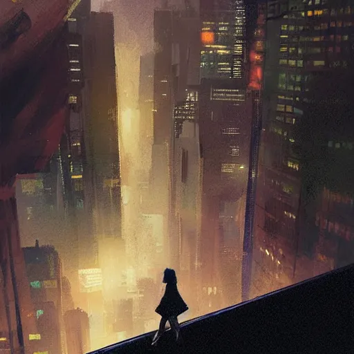 Image similar to “ a girl standing on a ledge looking down at a futuristic new york city below, bright city lights, storm clouds, rain, dramatic lighting, digital art, concept - art by craig mullins ”