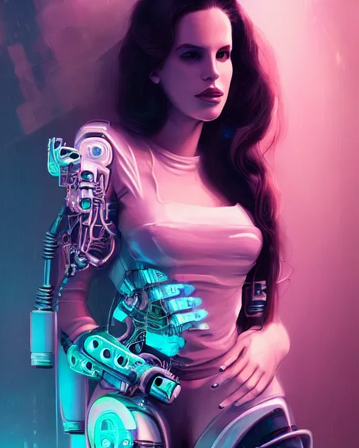 Image similar to portrait of lana del rey as a cyberpunk cyborg. roses, sci - fi, missing panels, intricate abstract, upper body, intricate artwork, by tooth wu, wlop, beeple, dan mumford. concept art, 8 k octane render, deviantart, greg rutkowski, cinematic, key art, hyperrealism, iridescent accents