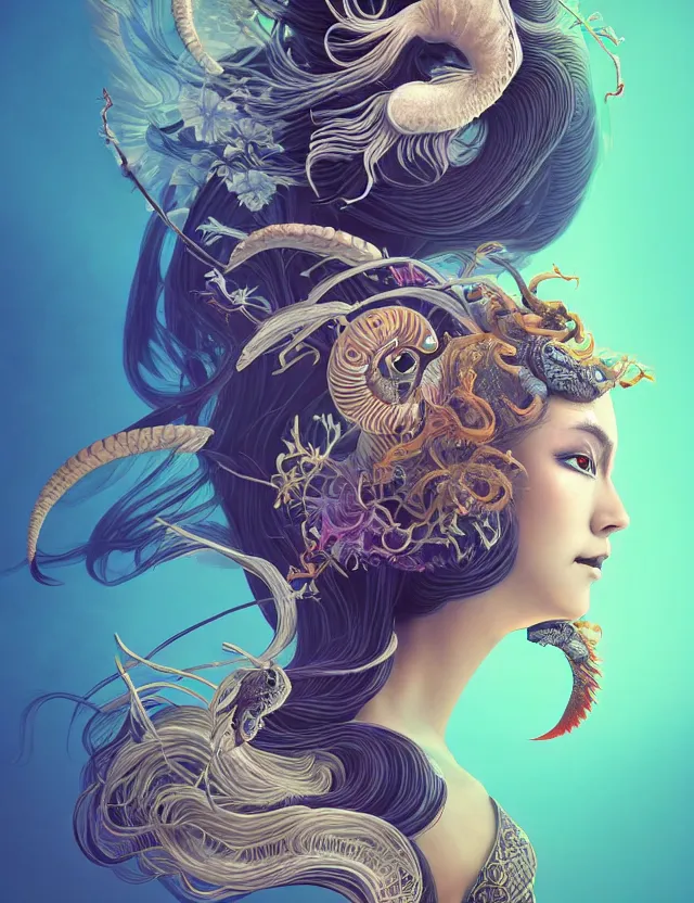 Image similar to 3 d goddess half - turn portrait with long hair with ram skull. beautiful intricately detailed japanese crow kitsune mask and clasical japanese kimono. betta fish, jellyfish phoenix, bio luminescent, plasma, ice, water, wind, creature, artwork by tooth wu and wlop and beeple and greg rutkowski