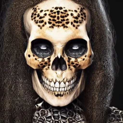 Prompt: Skull that look too much like skull!, crypt lurker!!, grasp of darkness!!!, 8k CG character rendering of a spider-like hunting female on its back, fangs extended, wearing a leopard-patterned dress, set against a white background, with textured hair and skin.