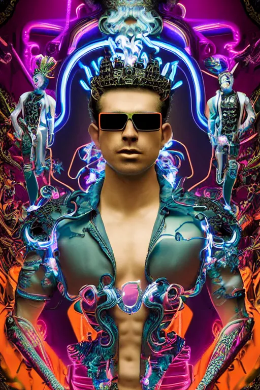 Prompt: full-body neon porcelain bladerunner and rococo style sculpture of a muscular handsome Cuban prince wearing cholo shades as a half android with a porcelain chest opening exposing circuitry and electric sparks, glowing laser beam eyes, crown of giant diamonds, flowing neon-colored silk, fabric, raptors. baroque elements. full-length view. baroque element. intricate artwork by caravaggio. many many birds birds on background. Trending on artstation, octane render, cinematic lighting from the right, hyper realism, octane render, 8k, depth of field, 3D