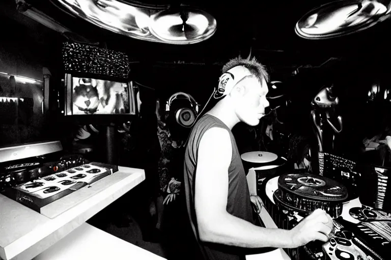 Prompt: a rhino dj in a nightclub. by mario testino